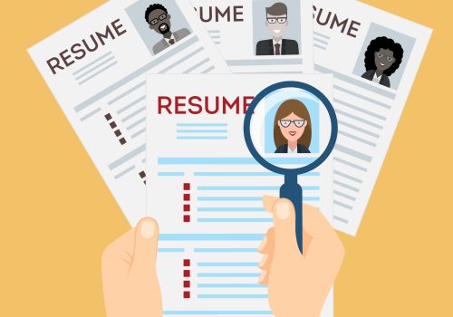 woman resume with magnifier at the table. Cv resume concept. Finding a worker. Apply for a job. Business opportunity. Cv profile.